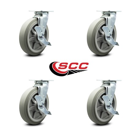 Service Caster 8 Inch Thermoplastic Rubber Swivel Caster Set with Ball Bearings and Brakes SCC SCC-30CS820-TPRBF-TLB-4